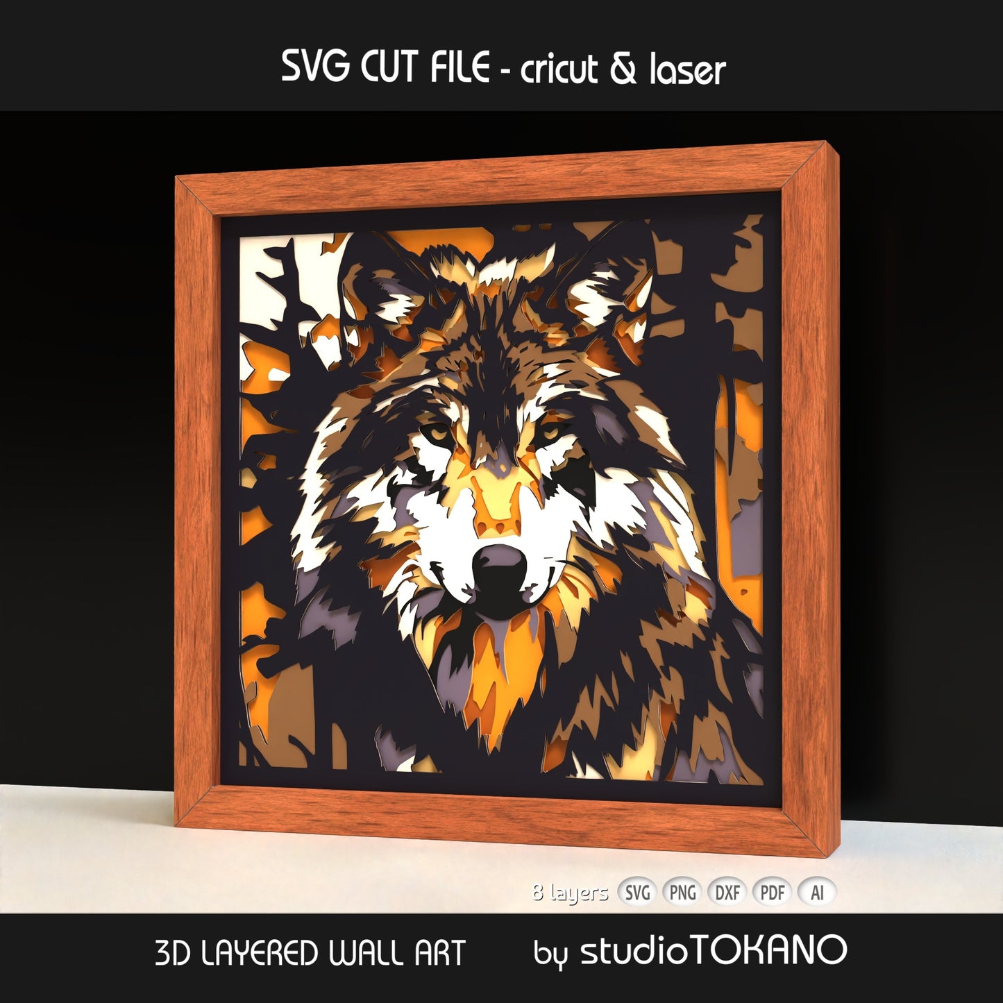 Framed wolf layered wall art shown from an angled view, highlighting the 3D depth, stacked cardstock layers, and dramatic forest wildlife design.
