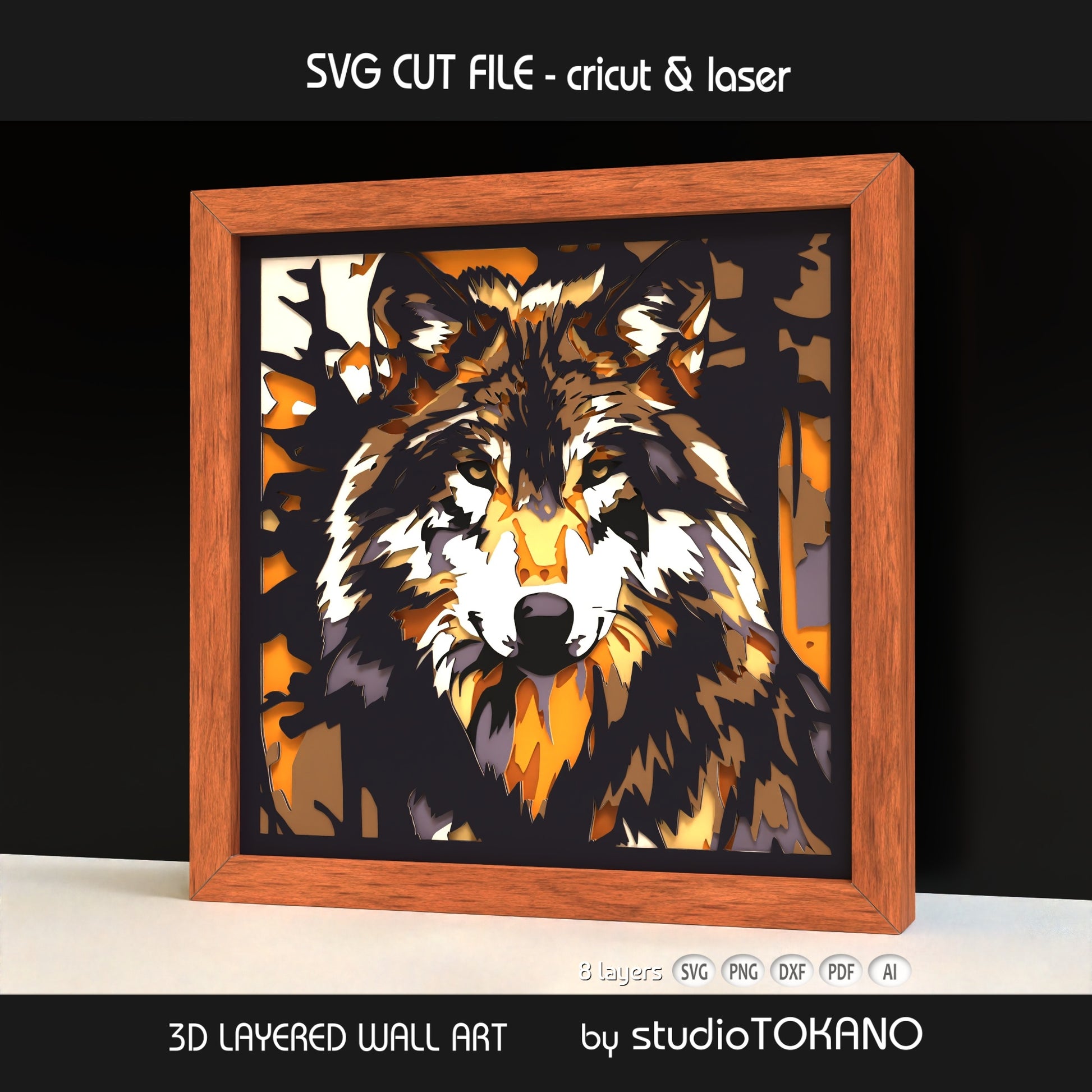 Framed wolf layered wall art shown from an angled view, highlighting the 3D depth, stacked cardstock layers, and dramatic forest wildlife design.