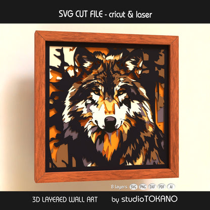 Wolf shadow box SVG shown as finished framed wall art, perfect for rustic cabin decor, wildlife wall art, and layered paper craft projects.