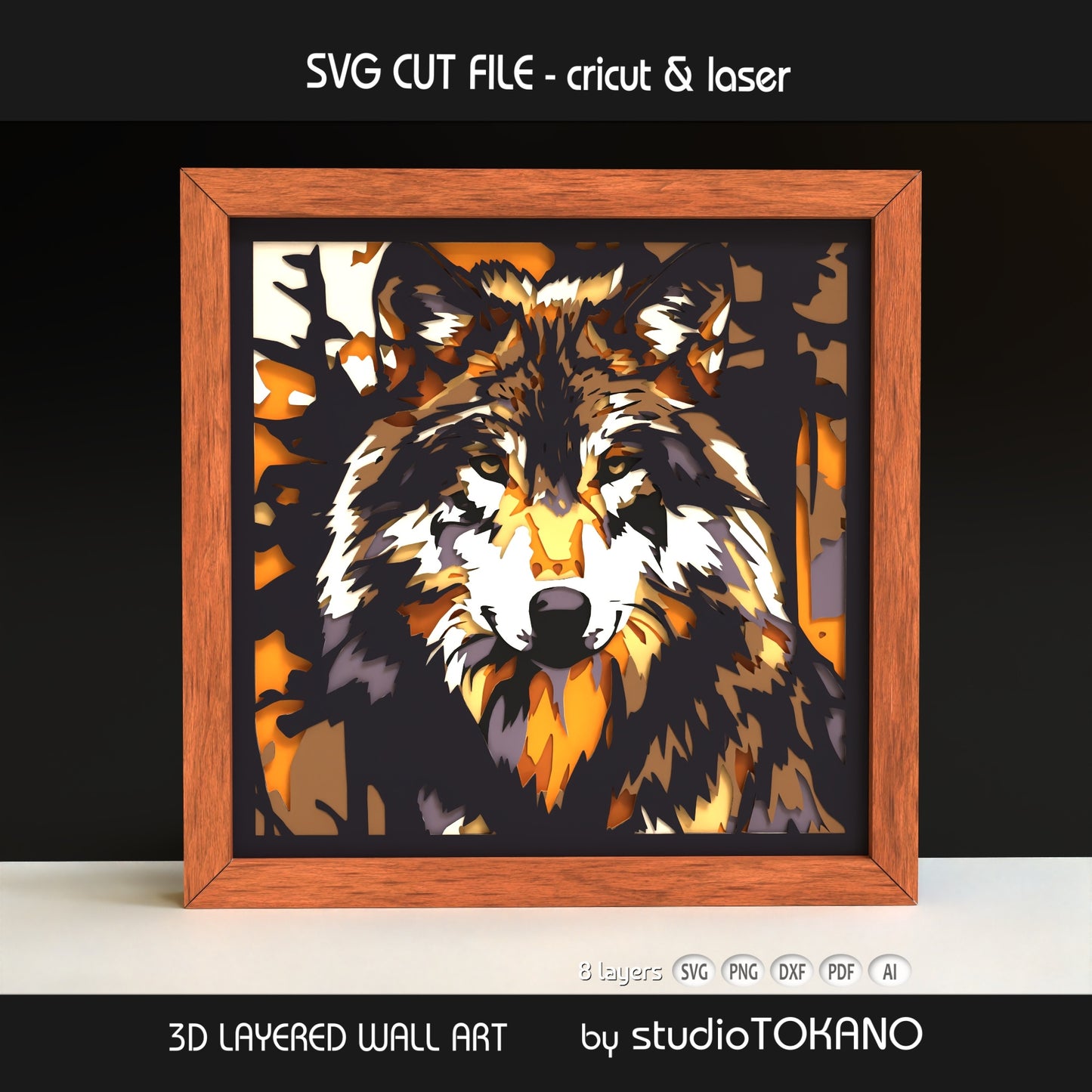 Framed wolf layered wall art shown from an angled view, highlighting the 3D depth, stacked cardstock layers, and dramatic forest wildlife design.