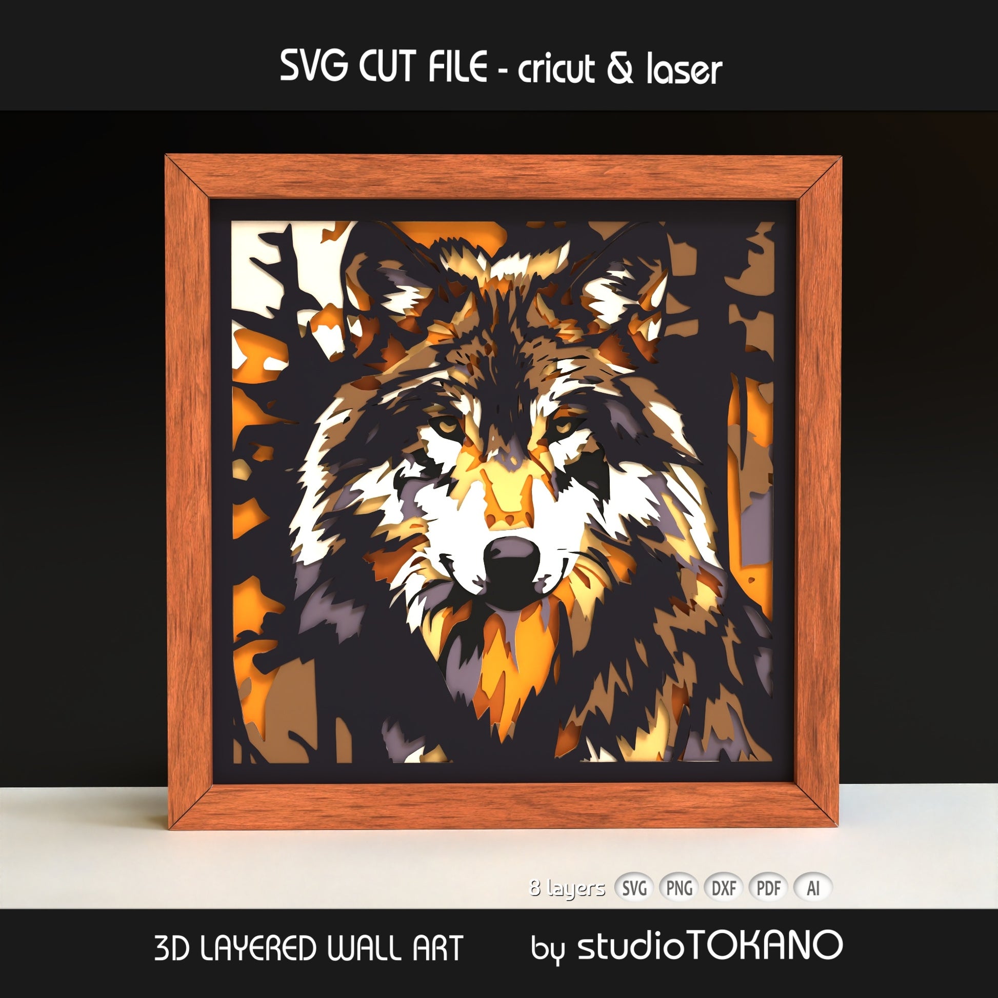 Framed wolf layered wall art shown from an angled view, highlighting the 3D depth, stacked cardstock layers, and dramatic forest wildlife design.