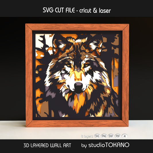 Framed wolf layered wall art shown from an angled view, highlighting the 3D depth, stacked cardstock layers, and dramatic forest wildlife design.
