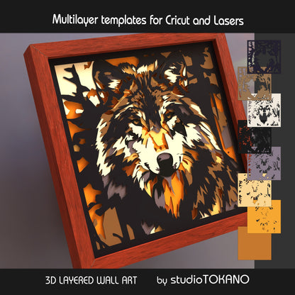 Wolf shadow box SVG layer guide showing the separate papercut layers and color arrangement for Cricut and laser cut assembly.