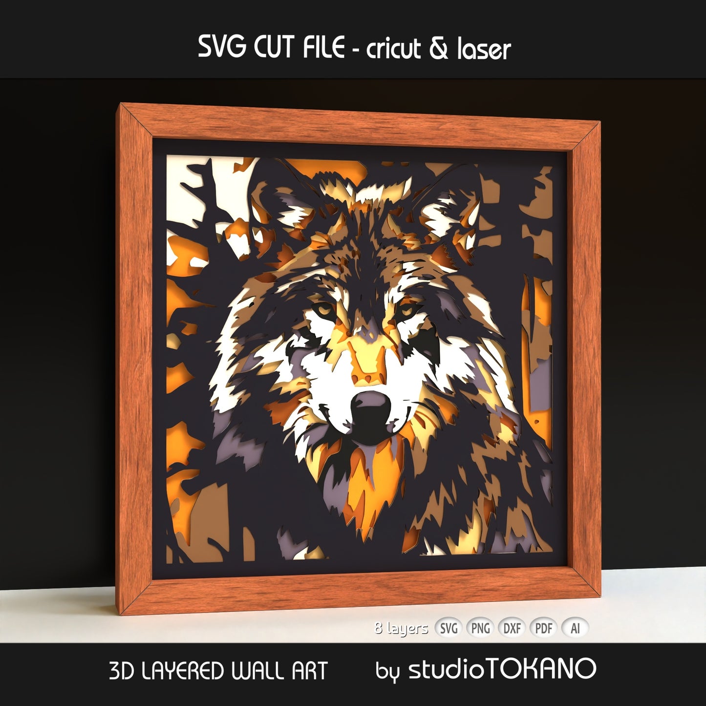 Side-angle view of the wolf shadow box SVG showing clean cut edges, dimensional cardstock layers, and rustic woodland papercut detail.