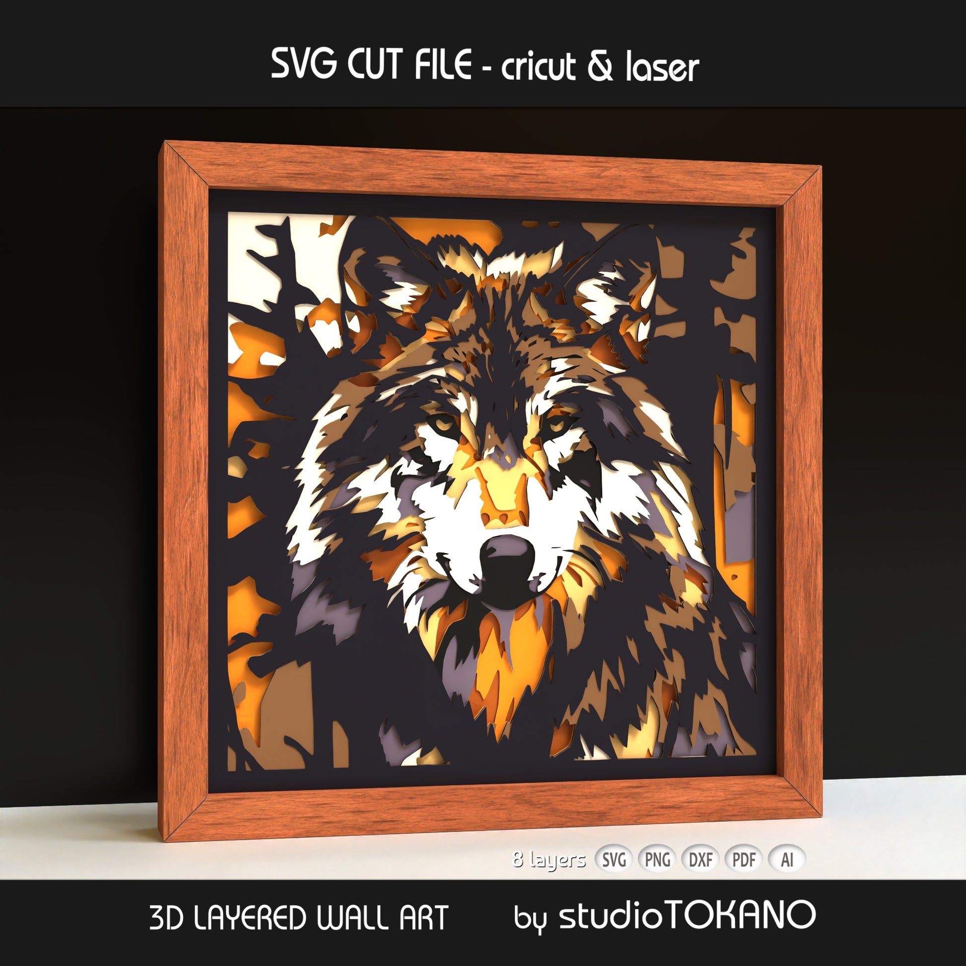 Side-angle view of the wolf shadow box SVG showing clean cut edges, dimensional cardstock layers, and rustic woodland papercut detail.