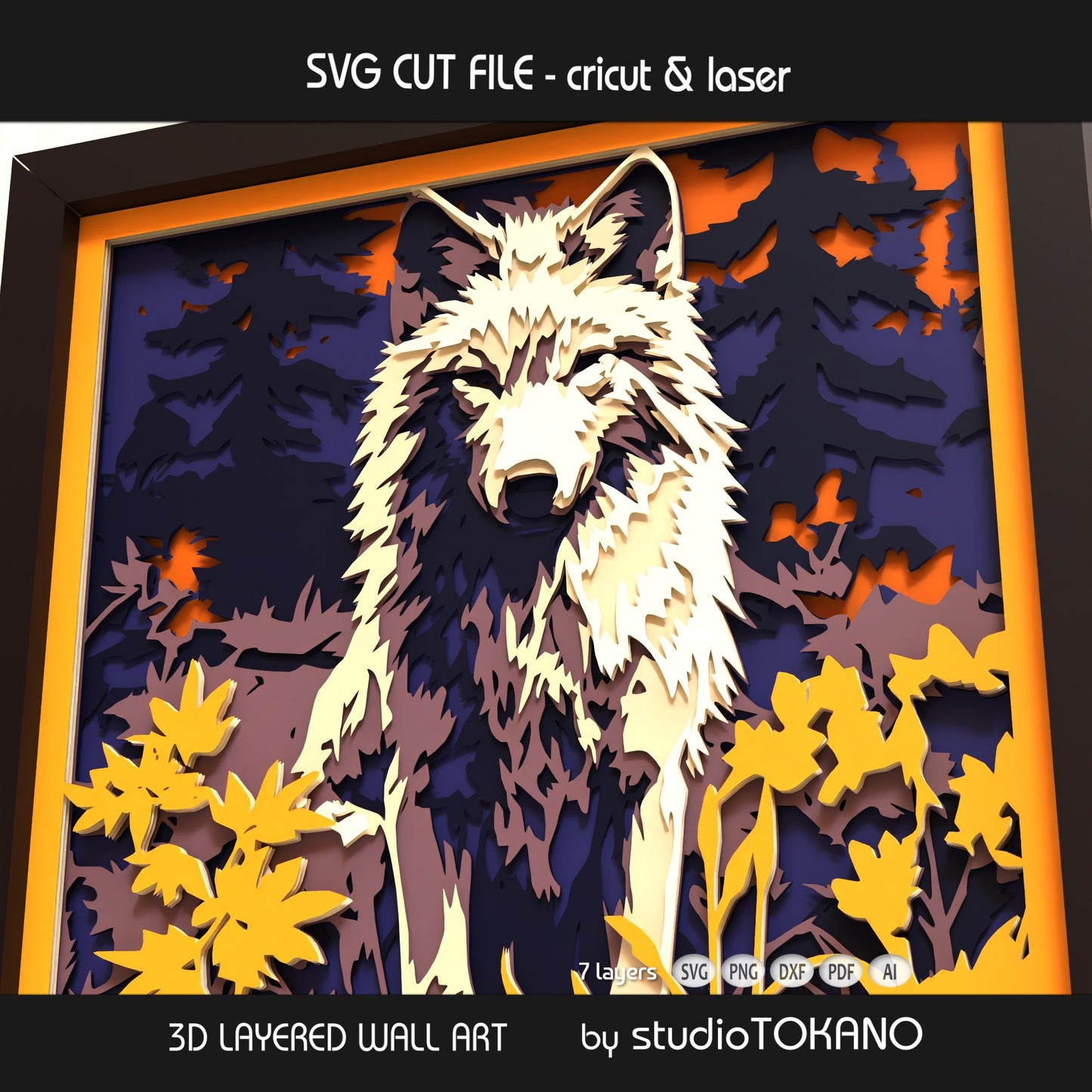 Wolf papercut wall art displayed in a shadow box frame, featuring strong contrast and dimensional 3D layered cardstock construction.