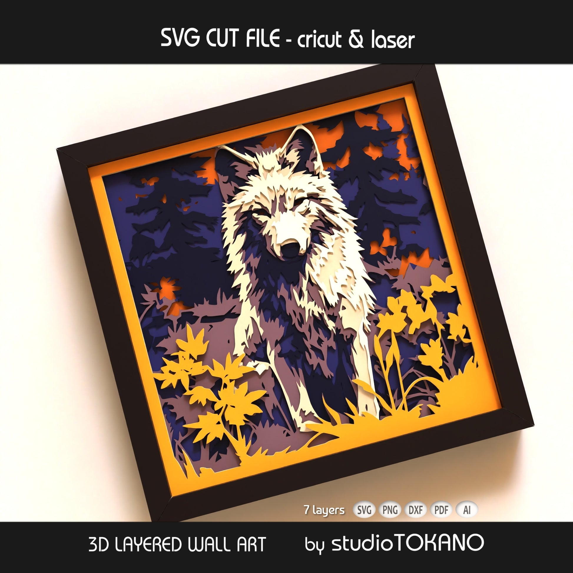 Wolf 3D layered shadow box art designed as a Cricut and laser cut file for wildlife decor, cabin decor, and animal wall art.
