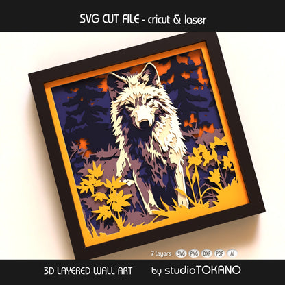 Wolf 3D layered shadow box art designed as a Cricut and laser cut file for wildlife decor, cabin decor, and animal wall art.