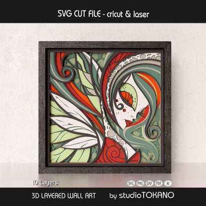 Forest fairy papercut wall art displayed in a shadow box frame as magical woodland decor for fantasy and cottagecore craft projects.